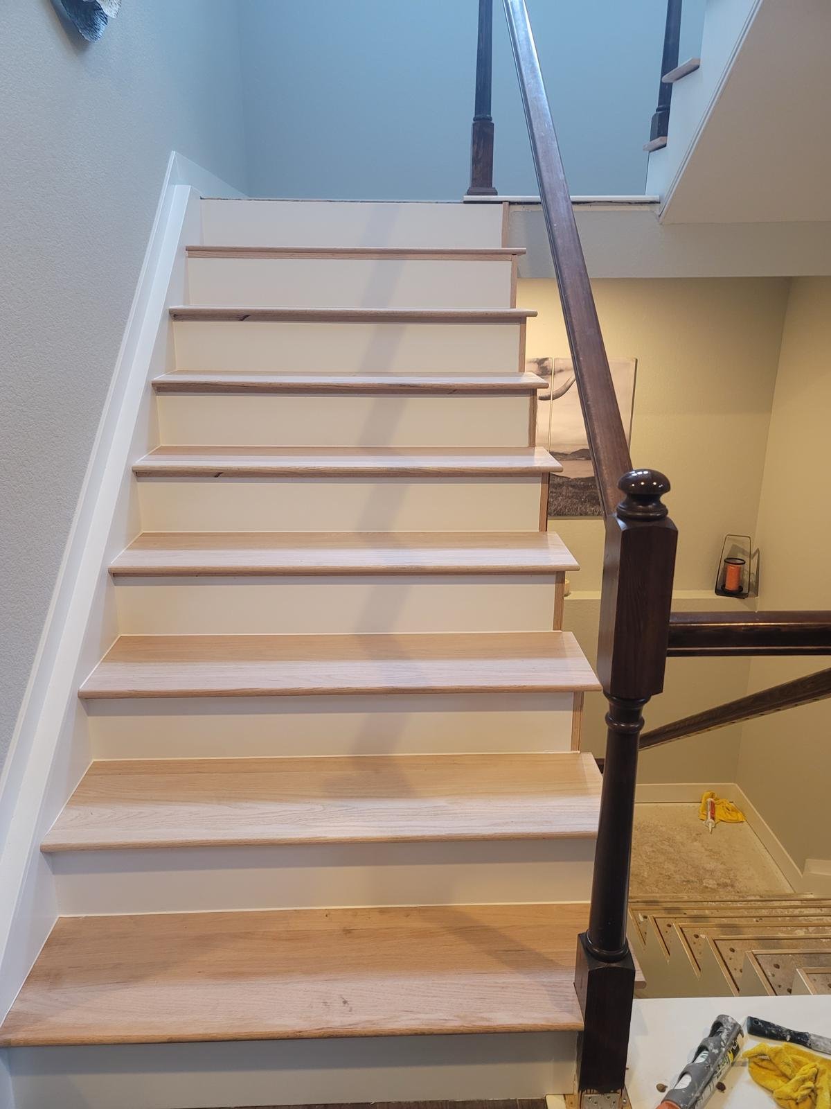 a staircase with wood steps